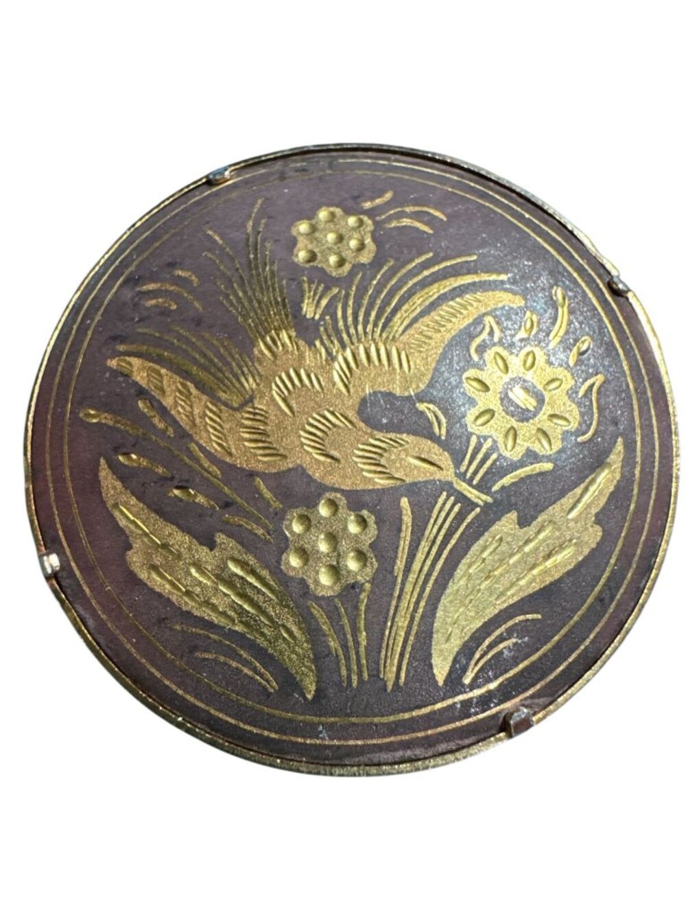 Vintage Japanese Style Gilded Bird & Floral Brooch, Round Metal Pin, Ornate Engr